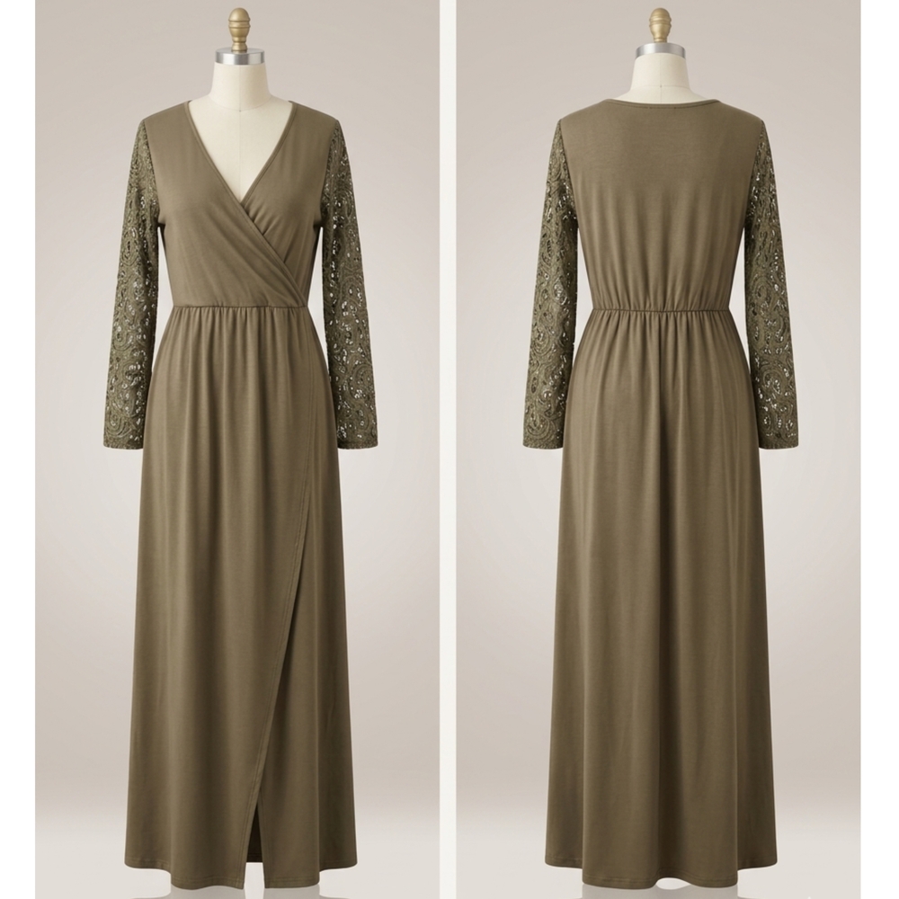 Kranda Olive Green Lace Sleeve Faux Wrap Maxi Dress - Size L
